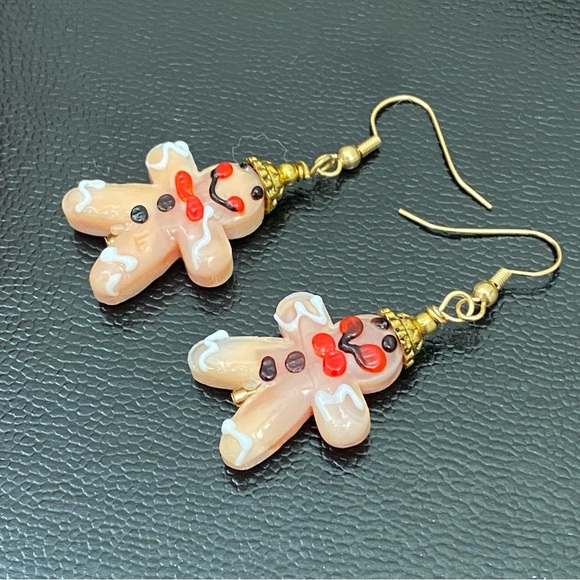 Handmade Lampwork Bead Gingerbread Christmas Earrings - Picture 7 of 10